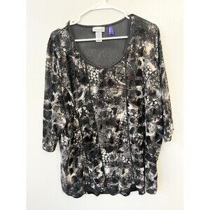 Catherines 2X Black Velvet Burnout Shirt Burn Out Floral Tunic Top Plus Size Top
